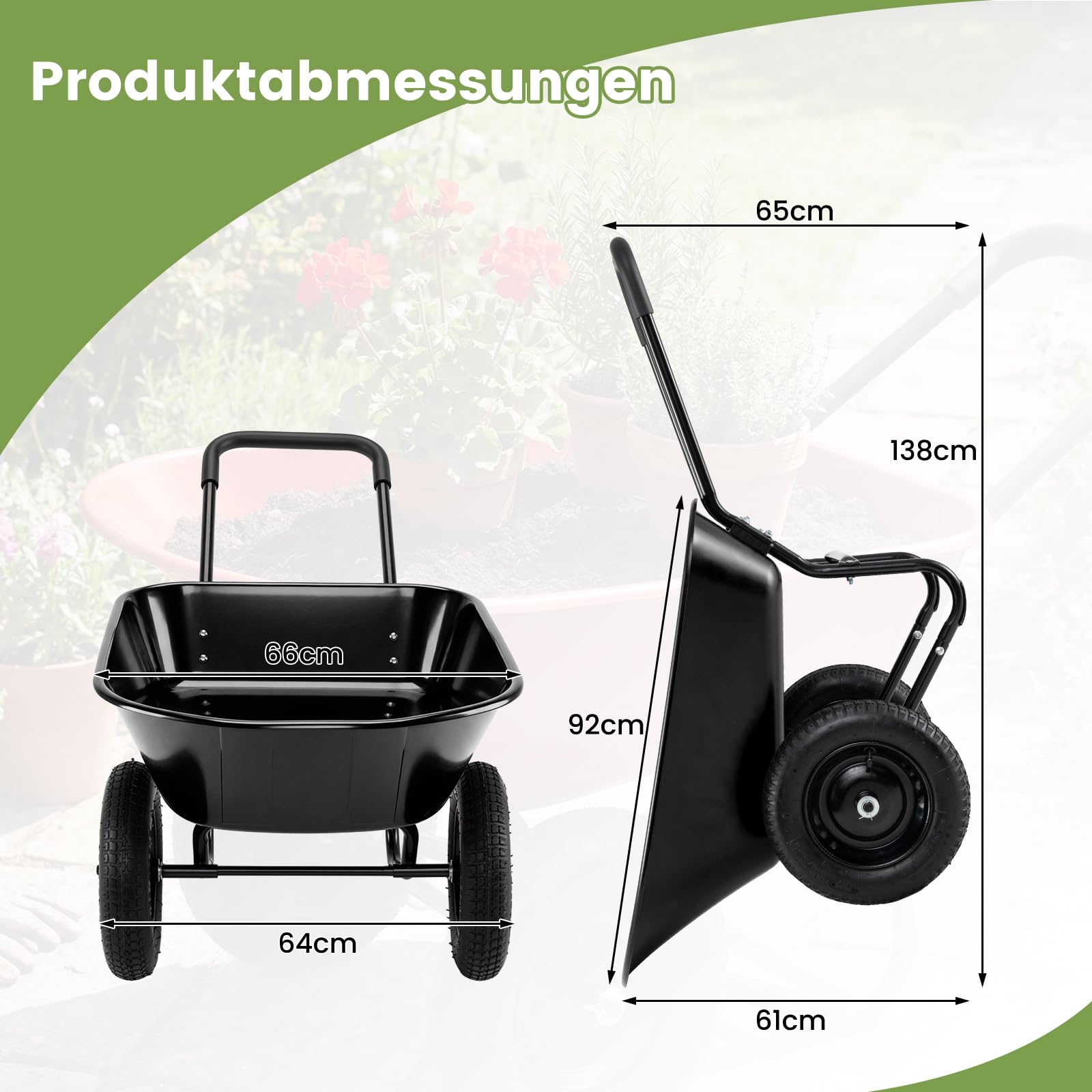 COSTWAY Schubkarre 2 Räder, Vollgummireifen, 78 L, Schiebkarre mit Kippfunktion & Griff, Gartenschubkarre bis 100 kg, Bauschubkarre Metallrahmen, Transportkarre Garten, 64 x 138 x 65 cm (Schwarz)