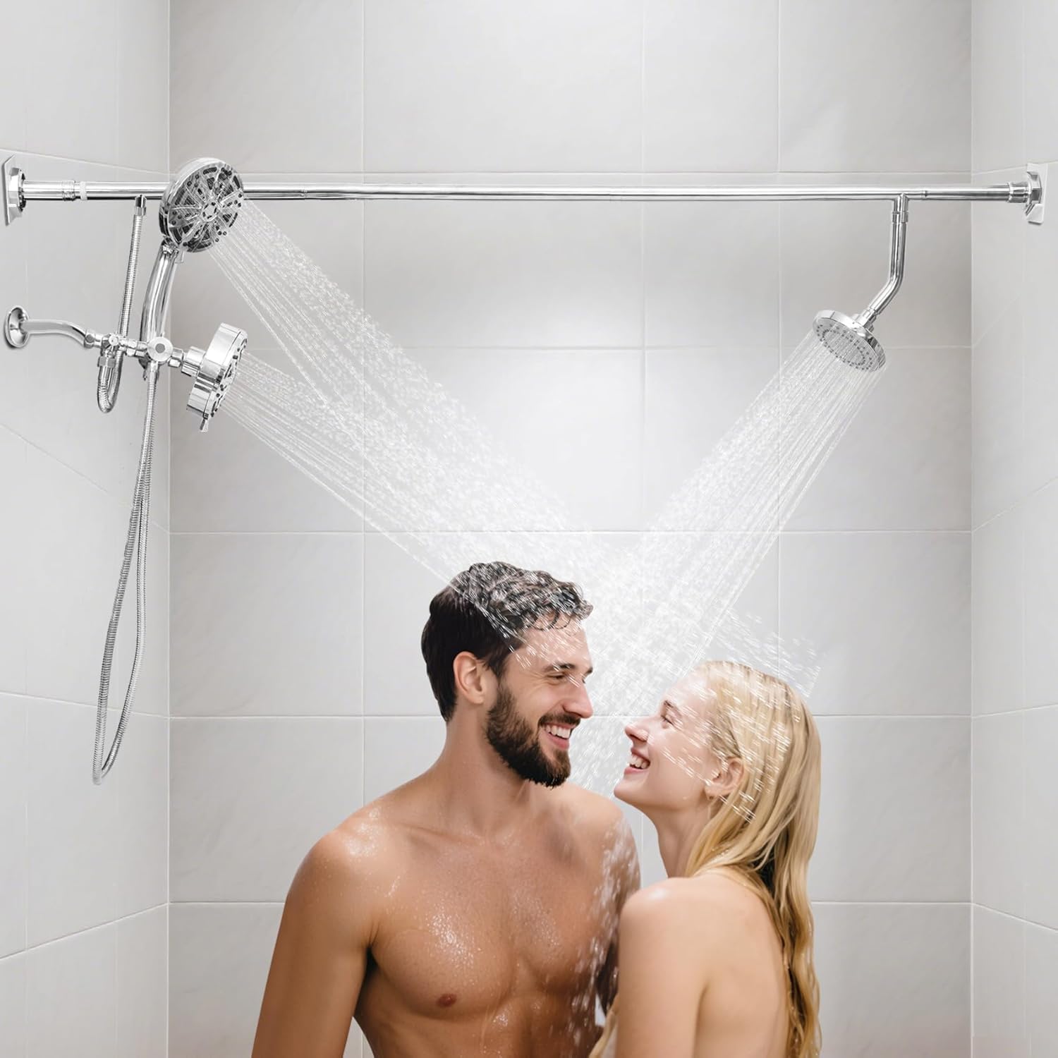 Tandem Shower Head, Double Shower Heads for Couples & Handheld head,Triple ShowerHead for Two People,High Pressure and Adjustable Dual Shower Head System and Handheld,with 10 Settings(Chrome)