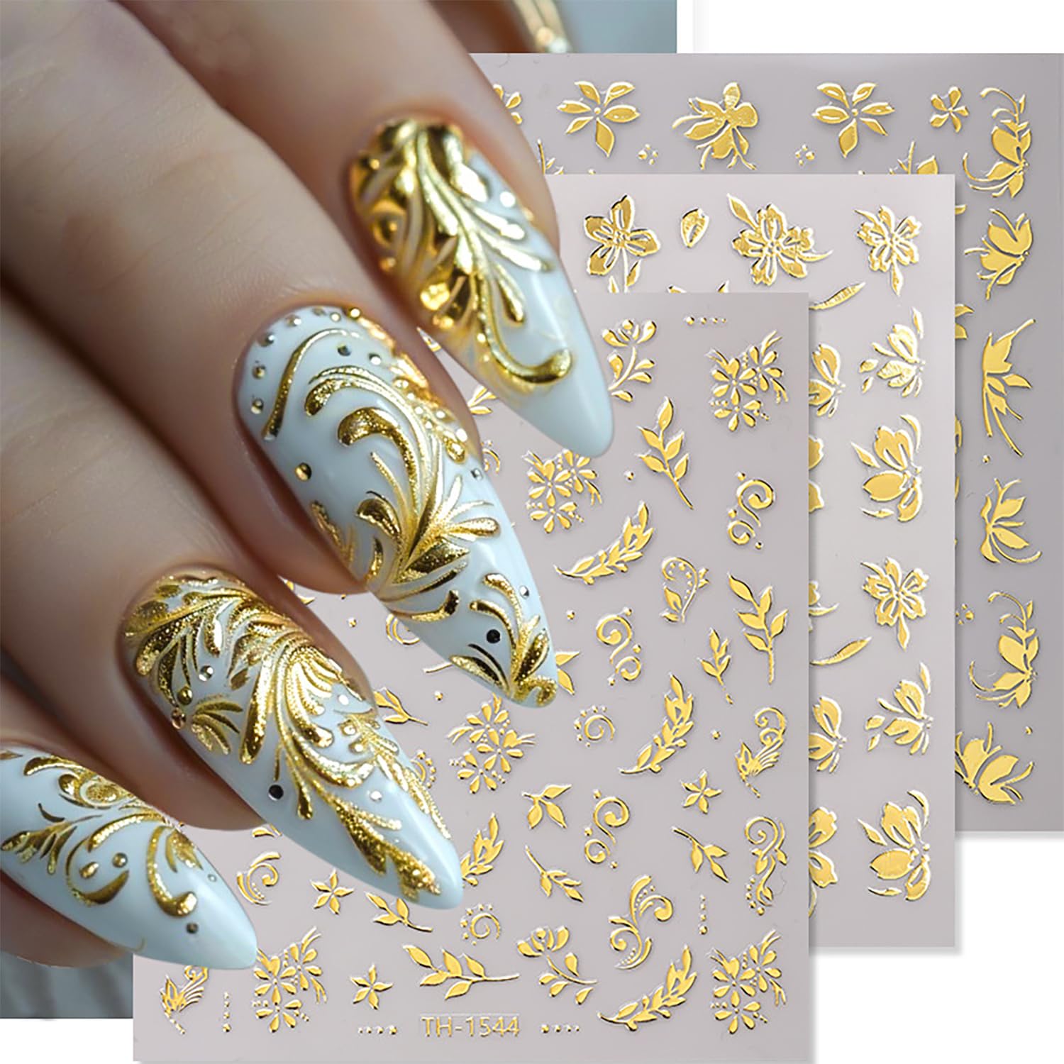 6Sheets Gold Nail Art Stickers 3D Self-Adhesive Nails Sticker Flower Nail Art Decals Holographic Golden Floral Leaves Nails Decal Decoration for Women
