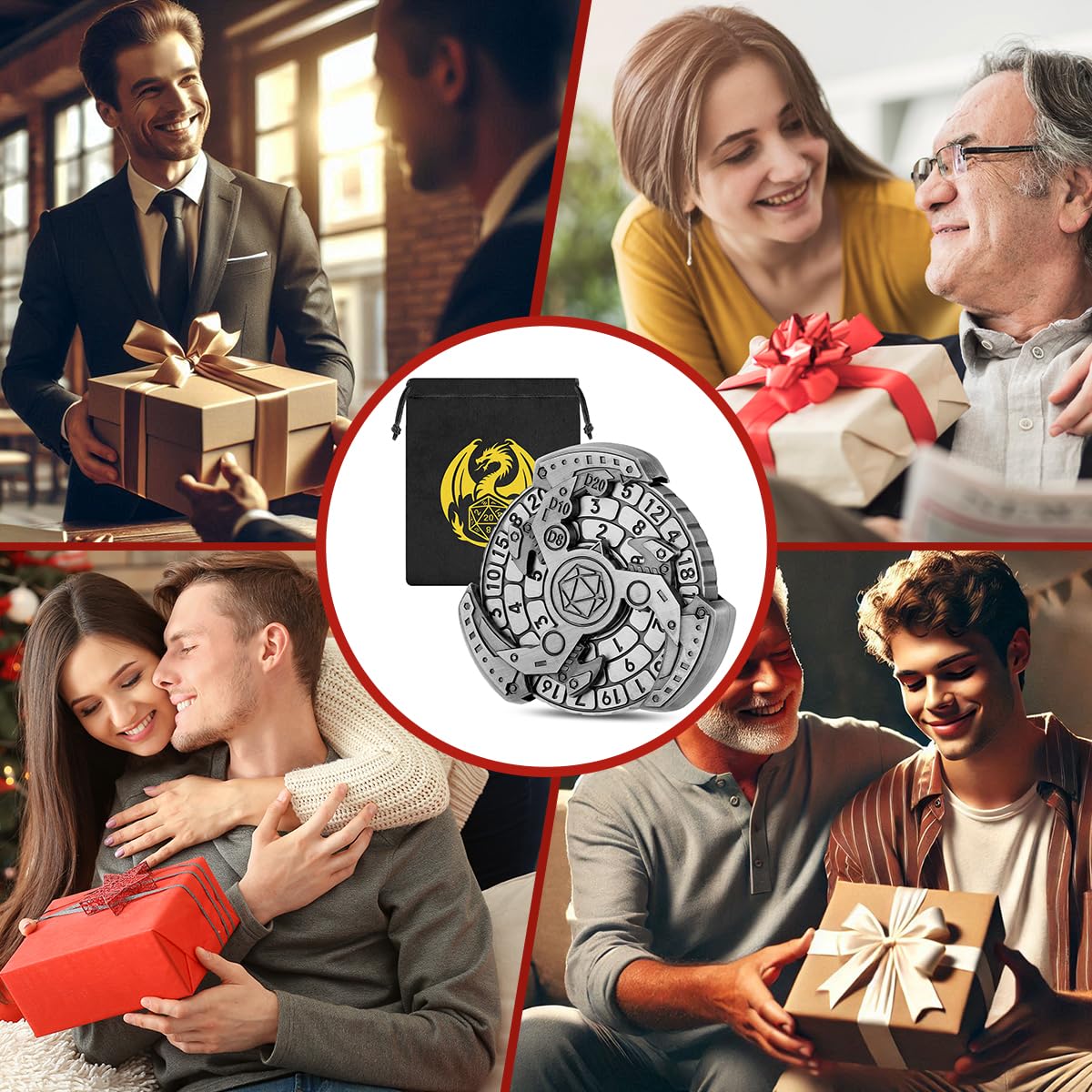 Spinner de Dés DND, Gyroscope du Bout des Doigts, 7-en-1 Métallique DND Dés, Roulette Dés Spinner, Cadeaux D&D avec Sacs Cadeaux Logo Dragon, Jeu de Rôle, Accessoires de Jeu de Société, Argent Foncé