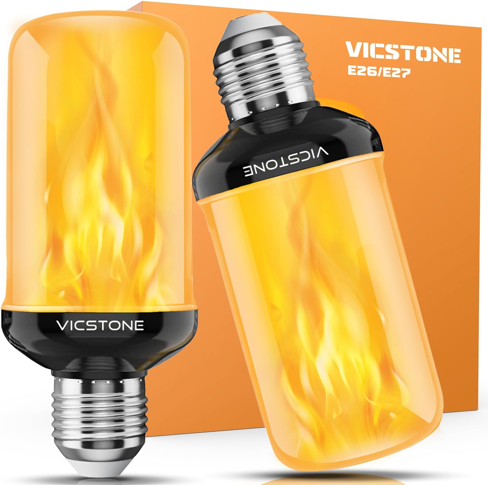 - Vicstone Upgraded LED Flame Light Bulbs Christmas Decorations, 4-Mode Flickering Light Bulbs with Upside Down Effect, E26 27 Fire Light Bulb for Porch Party Patio Home Halloween Indoor Outdoor, 2 Pack
