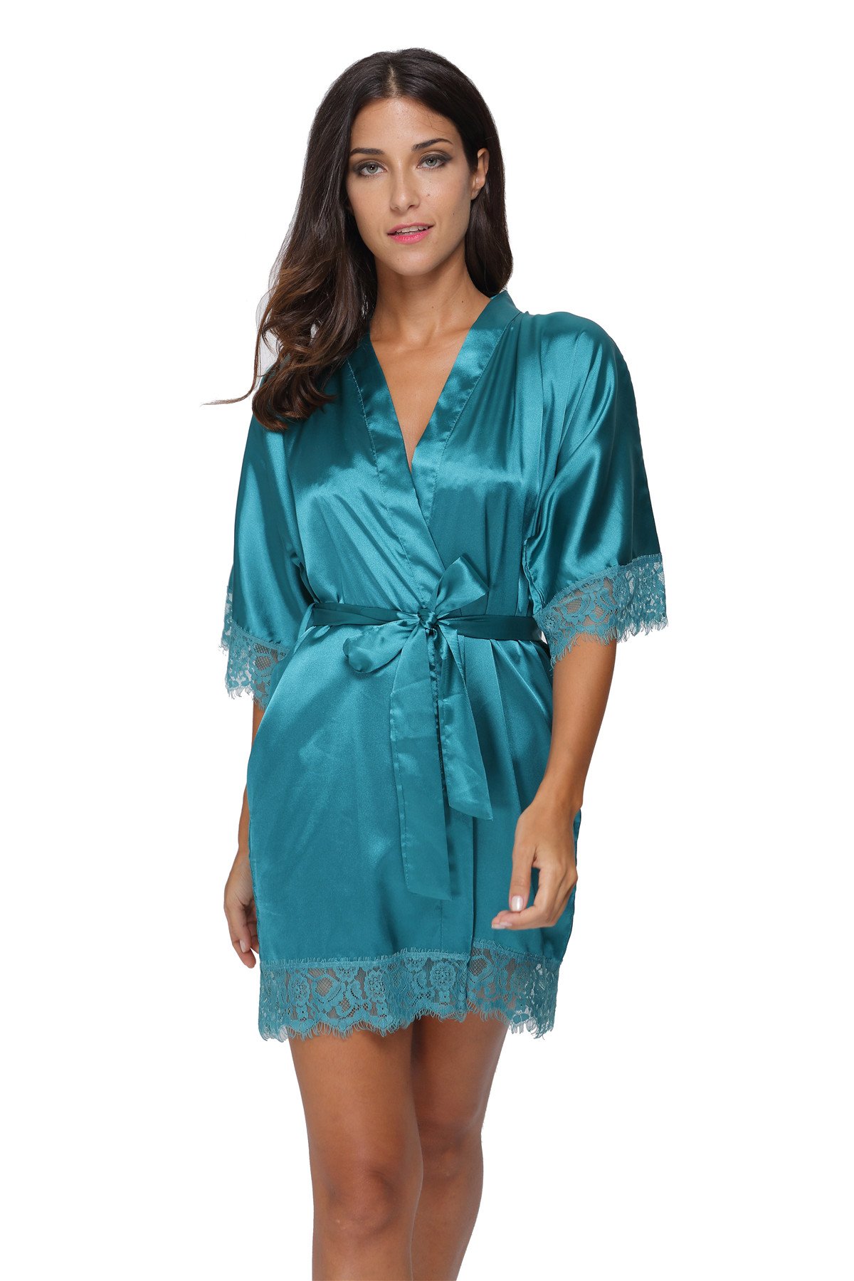 Women's Sexy Satin Short Kimono Robe-Lace Trim M, Teal, Medium