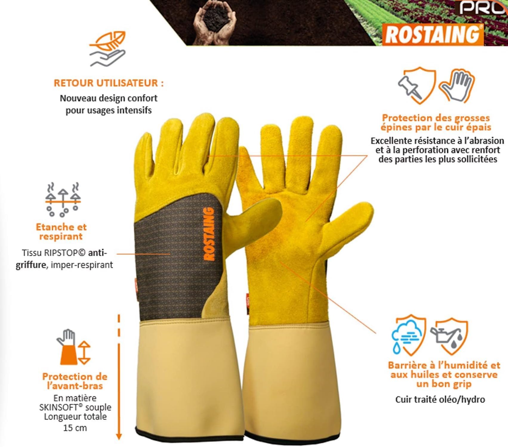 ROSTAING Gants RONCIER - Paire de Gants de Jardinage - Protection Cuir - Gants de Jardinage pour les Épines et Ronces et Gants de Travail, Beige