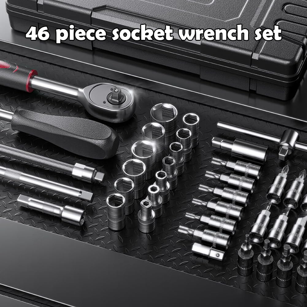 KeZaara Lot De 46 Coffret Douilles Cliquet 1/4" Chromé - Ensemble Complet Pour Vélo, Auto & Mécanique Avec Accessoires