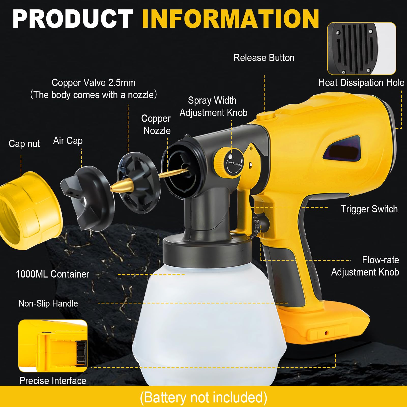 Pulverizador de Pintura inalámbrico para batería Dewalt de 18 V/20 V, Pistola de pulverización de Pintura eléctrica HVLP de Mano con 4 boquillas, contenedor de 1000 ml para Paredes, Vallas, Bricolaje