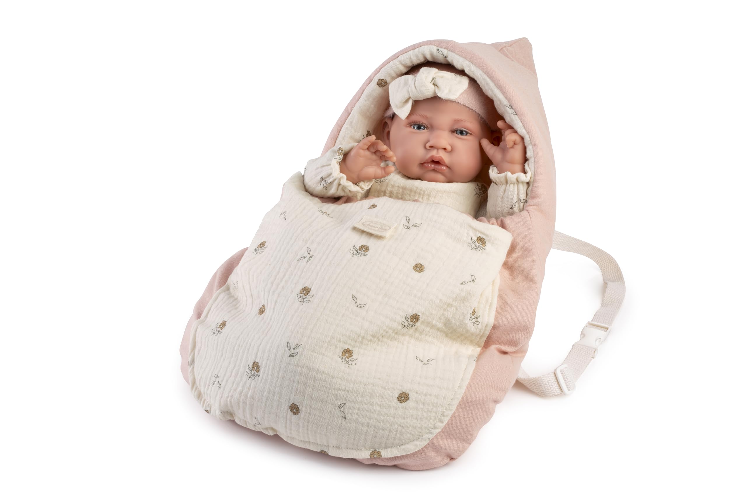 MUÑECAS Antonio Juan S.L. Muñeca Recién Nacida Lúa de Paseo, 42 cm, Cuerpo Blandito, con Saquito Portabebé, Colores Pastel, Mayores de 3 Años