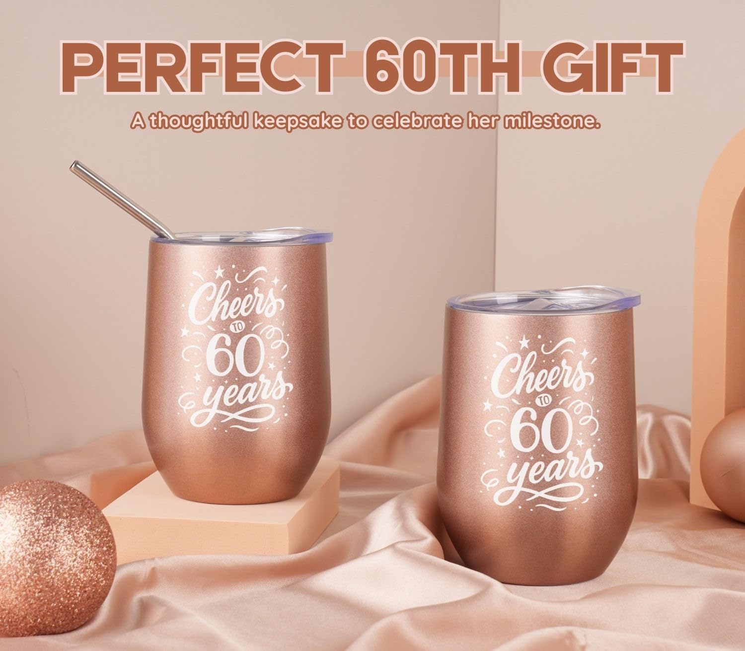 60th Birthday Gifts for Women, Her - Cheers to 60 Years - 12 oz/350 ml Stainless Steel Wine Tumbler with Straw and Lid - Women's Happy 60th Birthday Gifts Ideas - (Rose Gold) - Image 6