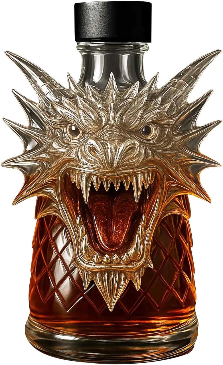 11.8oz/350ML Personalised Whiskey Decanter Glass Bottle, 3D Dragon Animal-Shaped Art Statue Sculpture Whisky Decanter, Novelty Animal Wine Decanters Craft Wine Bottle Gift, for Men Whiskey Lovers