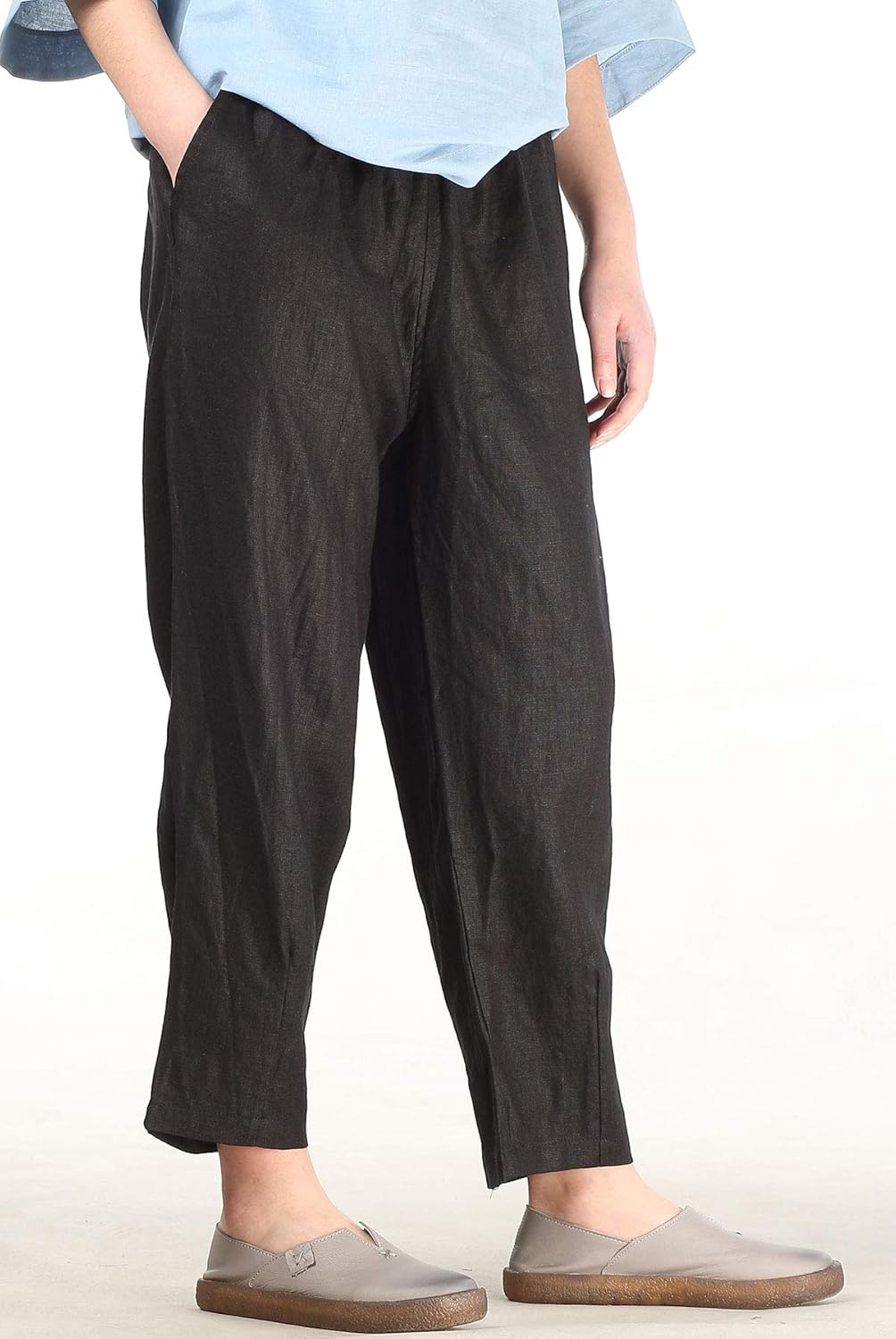 LaovanIn Women's Linen Cropped Pants Tapered Ankle Capris Trousers Elastic Waist - Image 4