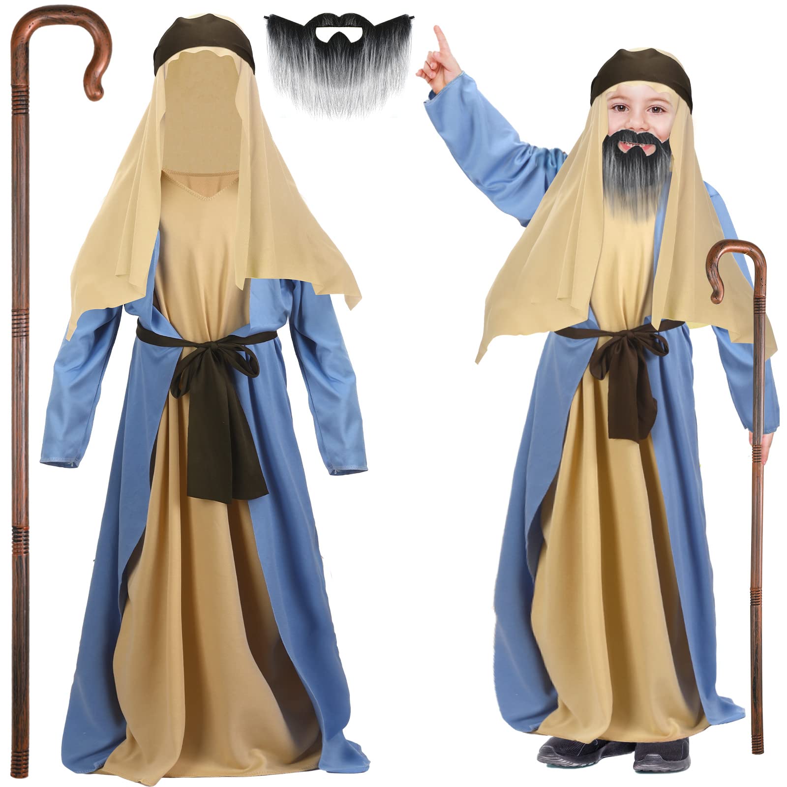 Patelai 6 Pcs Child Shepherd Costume Kids Child Costume with Robe Lining Scarf Sash Cane Beard for Halloween Cosplay
