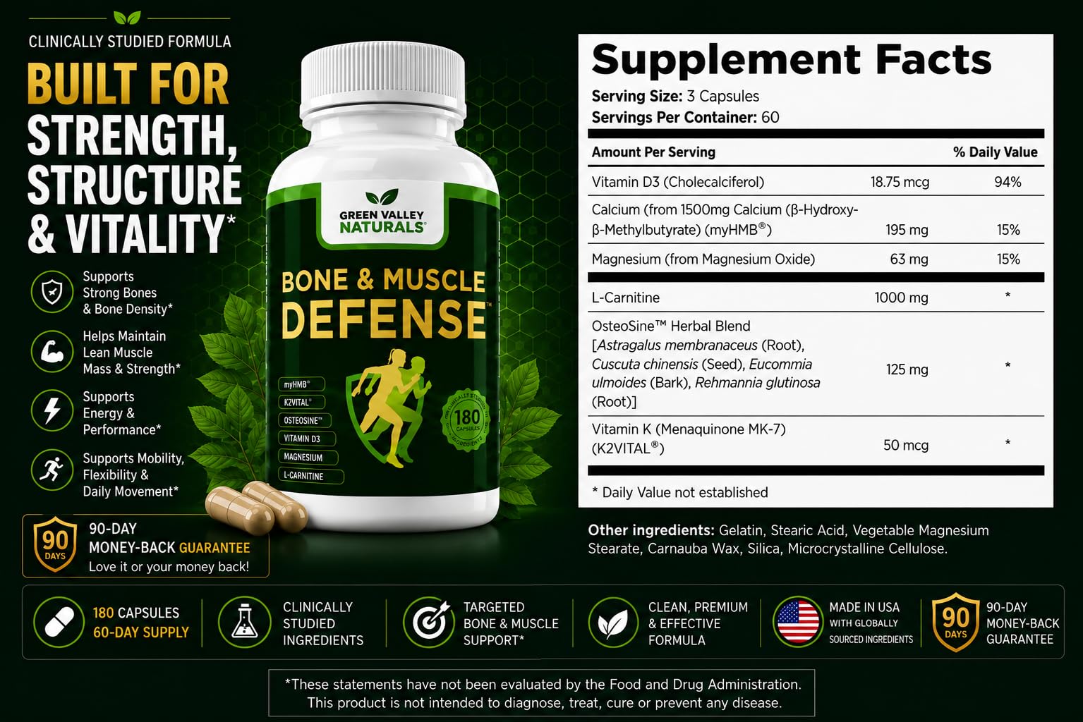 Green Valley Naturals Bone & Muscle Defense Supplement | 1,500 mg myHMB® (HMB) Calcium Blend, K2VITAL® Delta & OsteoSine™ | Bone Density, Muscle Strength & Mobility | Men & Women 50+ | 180 Capsules — Amazon image 6