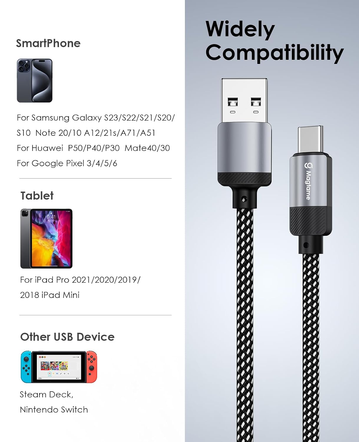 USB C Cable, 5ft Magnetic USB A to USB C Cable for iPhone 15 Pro Max Plus,Nylon Braided Type C Fast Charging Cable for Samsung S23/S22,for iPad,for USB C Device,Original Design Patent Product