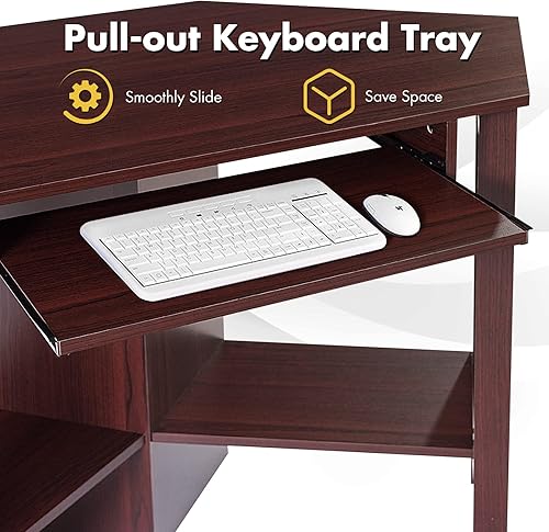 Miniatura 8 de IFANNY Escritorio esquinero para computadora escritorio esquinero triangular con bandeja para teclado y estantes de almacenamiento escritorio