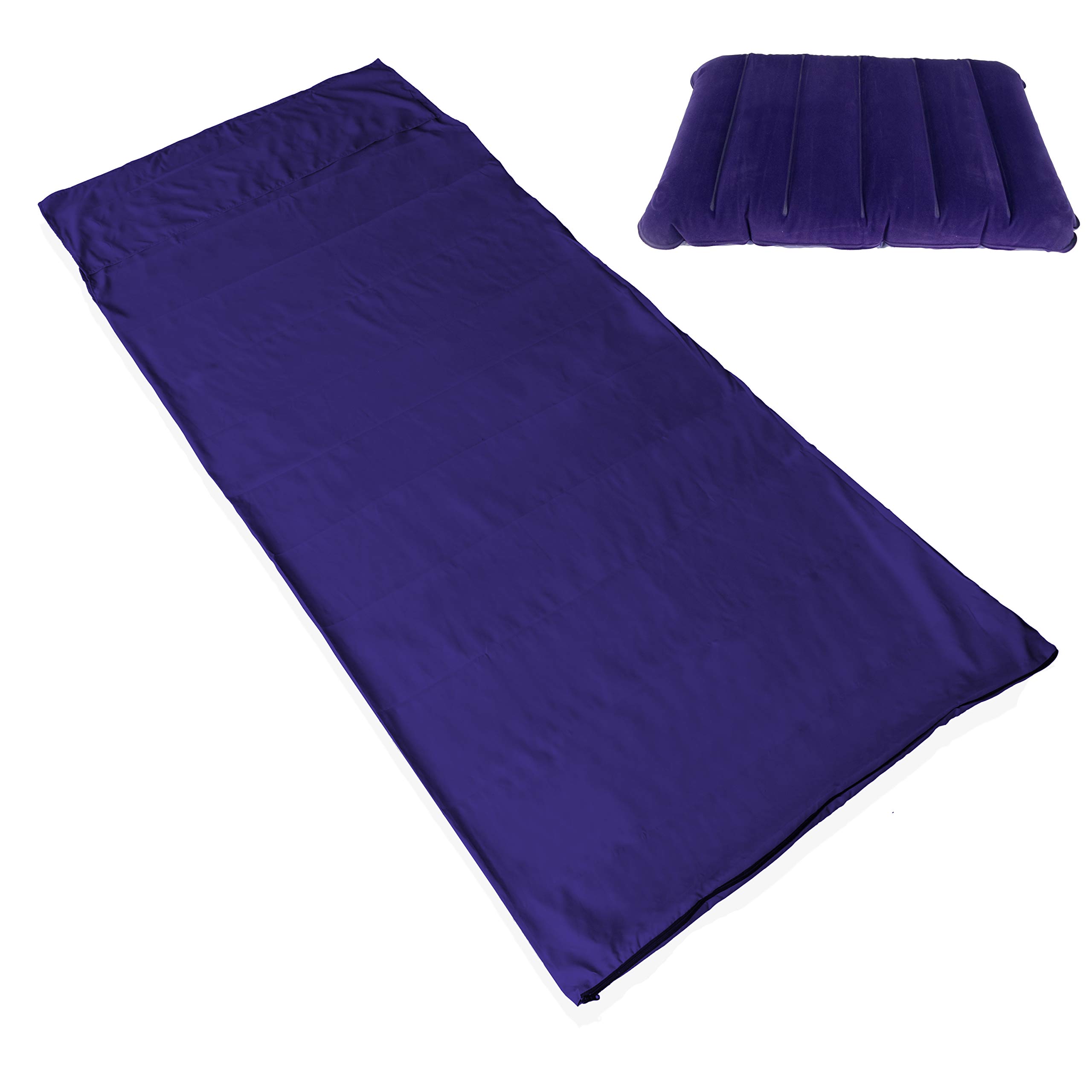 342GC Sleeping Bag Liner, Blue Microfiber Adult Sleep Sack Travel Sheet with Zipper for Camping or Traveling Complete with a Carry Bag and Inflatable