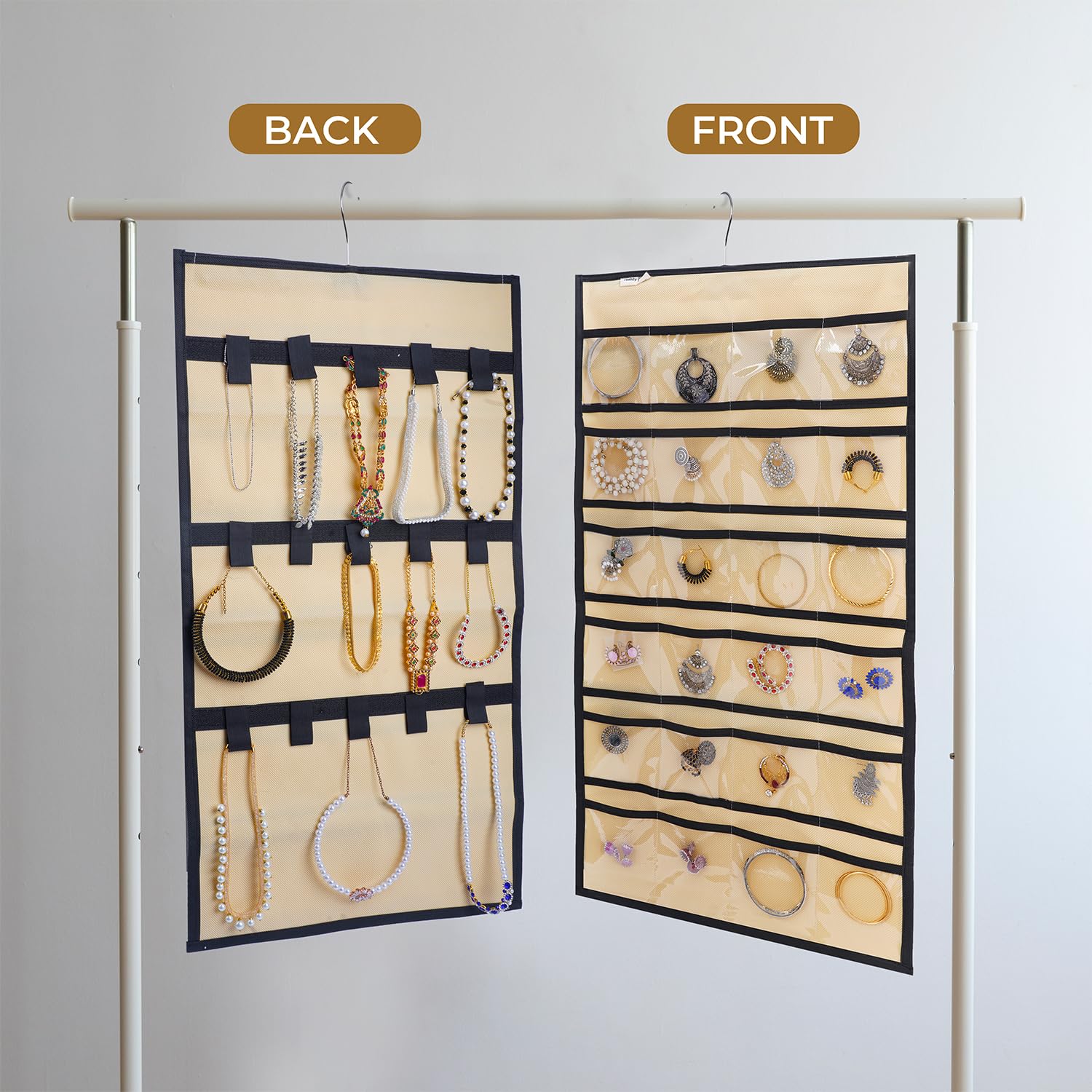 Rushly Hanging Jewelry Organizer, Double-Sided Storage with 24 Clear Pockets & 15 Hook Loops, 360° Rotating Hanger, Foldable Closet Jewelry Holder for Necklaces, Bracelets, Rings, Earrings, Beige