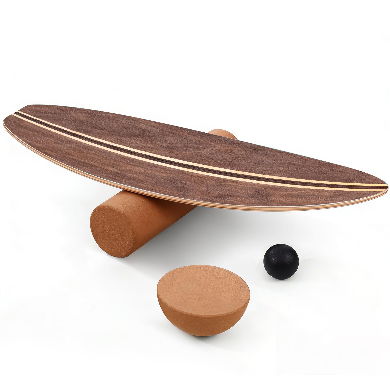 Balance Board, Holz Balance Board Erwachsene Gleichgewichtstrainer Mit Korkrolle, Kork Halbkugel und Gummiball, Balance-Trainer mit rutschfester Oberflächenbehandlung