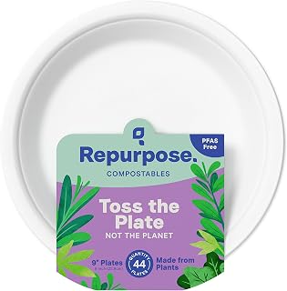Repurpose 9 Inch Compostable Plates, Heavy Duty Paper Plates Microwave Safe, Plant-Based Paper Plate Alternative, White, 44 Count, 1 Pack