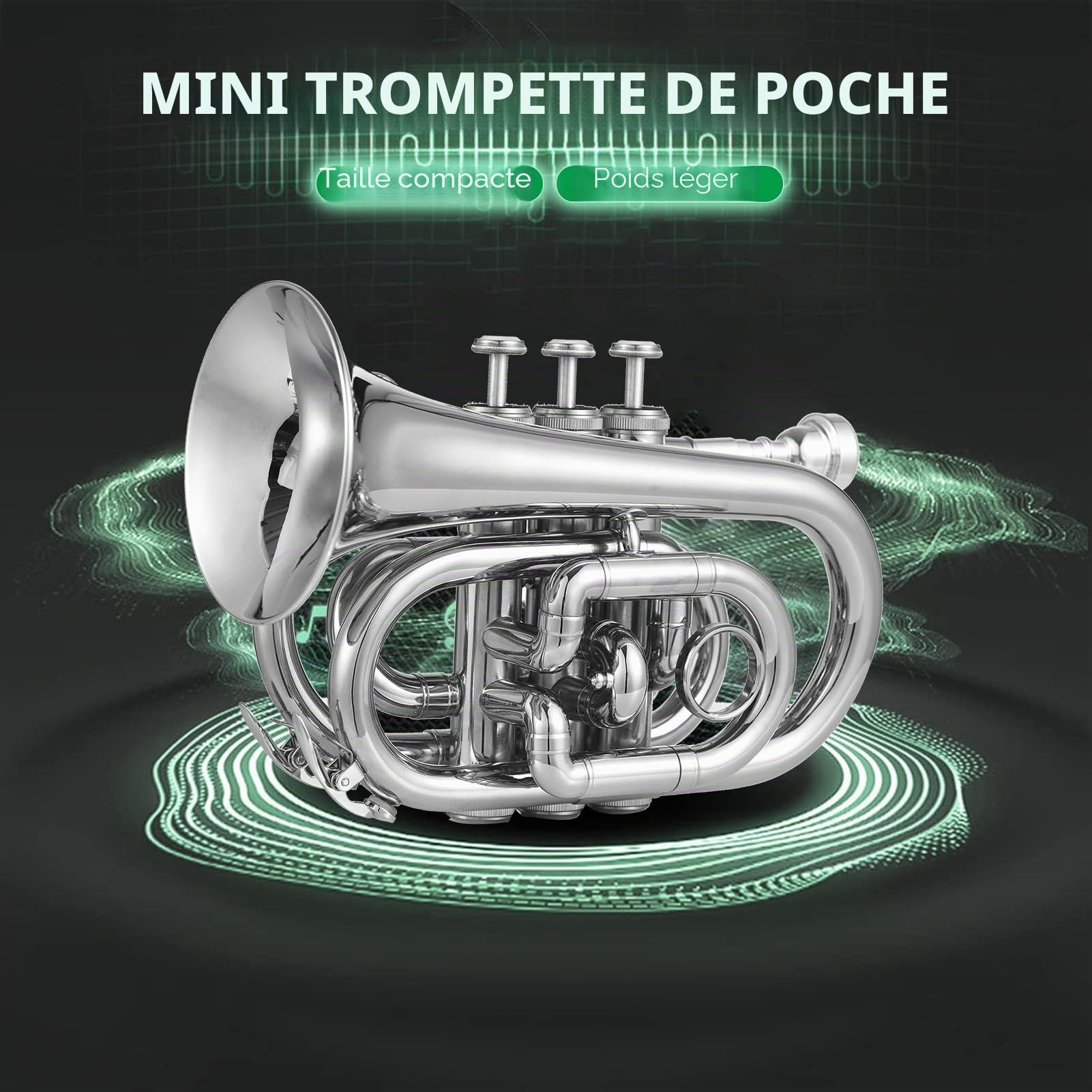HUIOP Petit, Trompette en SIB Mini Trompette de Poche avec Embouchure Sac de Transport Gants Chiffon de Nettoyage Instrument en Cuivre,Trompette de Poche,Petit