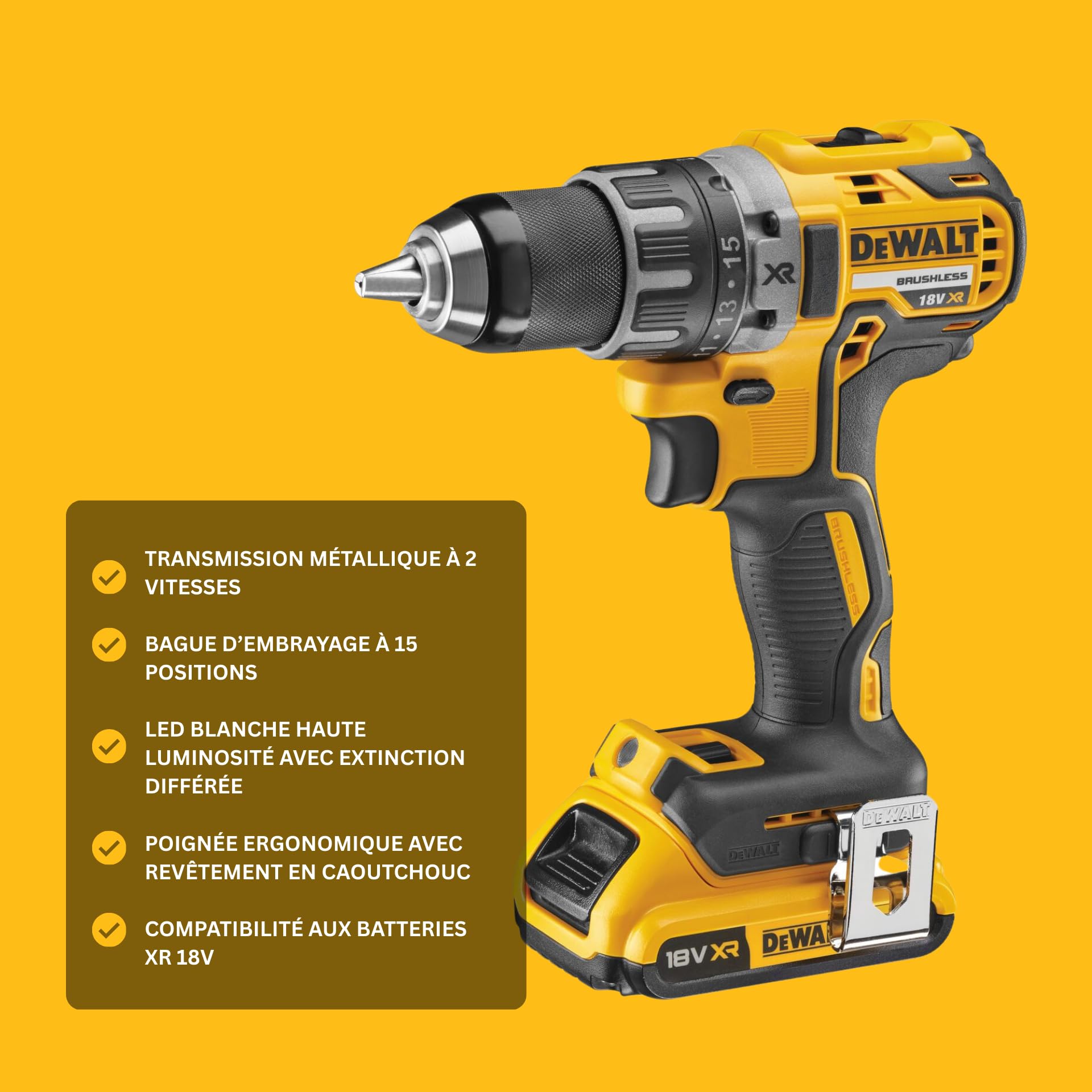 DEWALT Perceuse-Visseuse ultra-compacte sans-fil Brushless XR 18V, 2 x Batteries 2Ah & Chargeur, Couple Élevé 70Nm, Lampe LED, Coffret Résistant - DCD791D2-QW