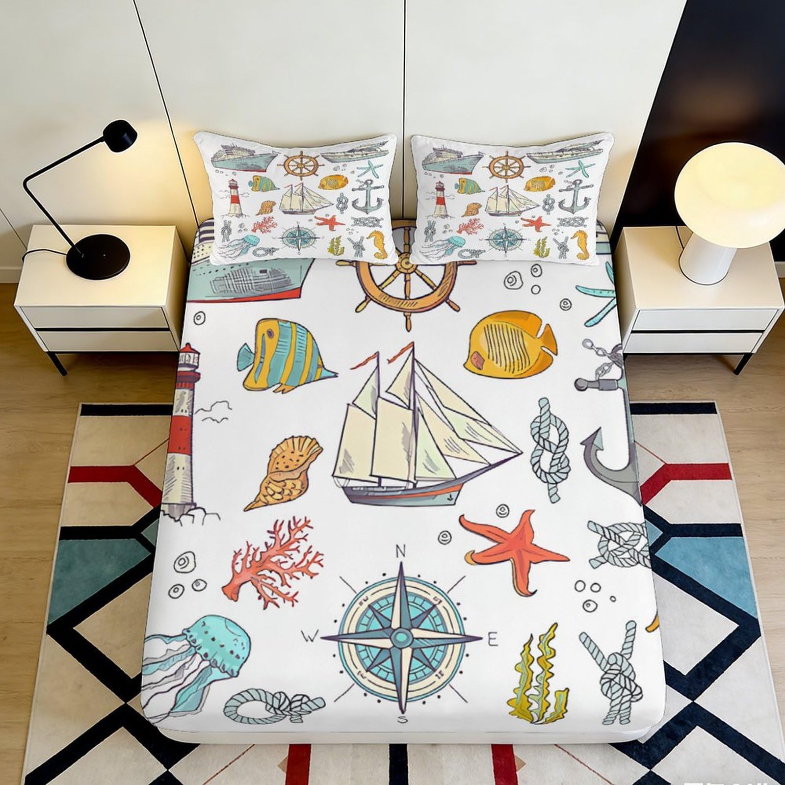 3D Printed Nautical Sailboat Fitted Sheet Microfiber Soft Breathable Ocean Starfish Mattress Cover for Bedroom Guest Room Decor 90x200x25cm