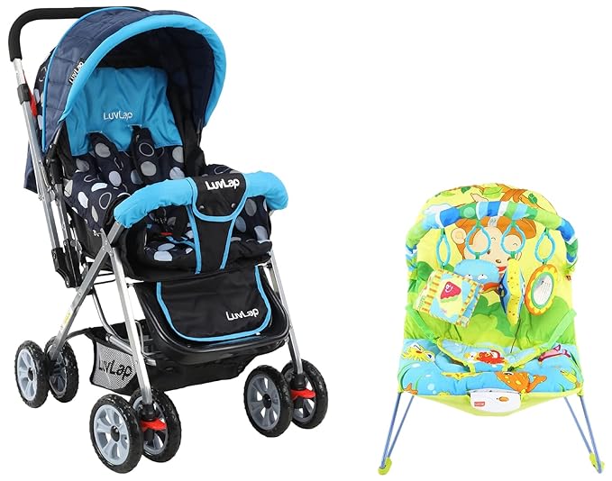 Sunshine Stroller/Pram, Easy Fold, for Newborn Baby/Kids, 0-3 Years (Sky Blue) & Luvlap Go Fishing Baby Bouncer with Soothing Vibration and Music (Multi Color)