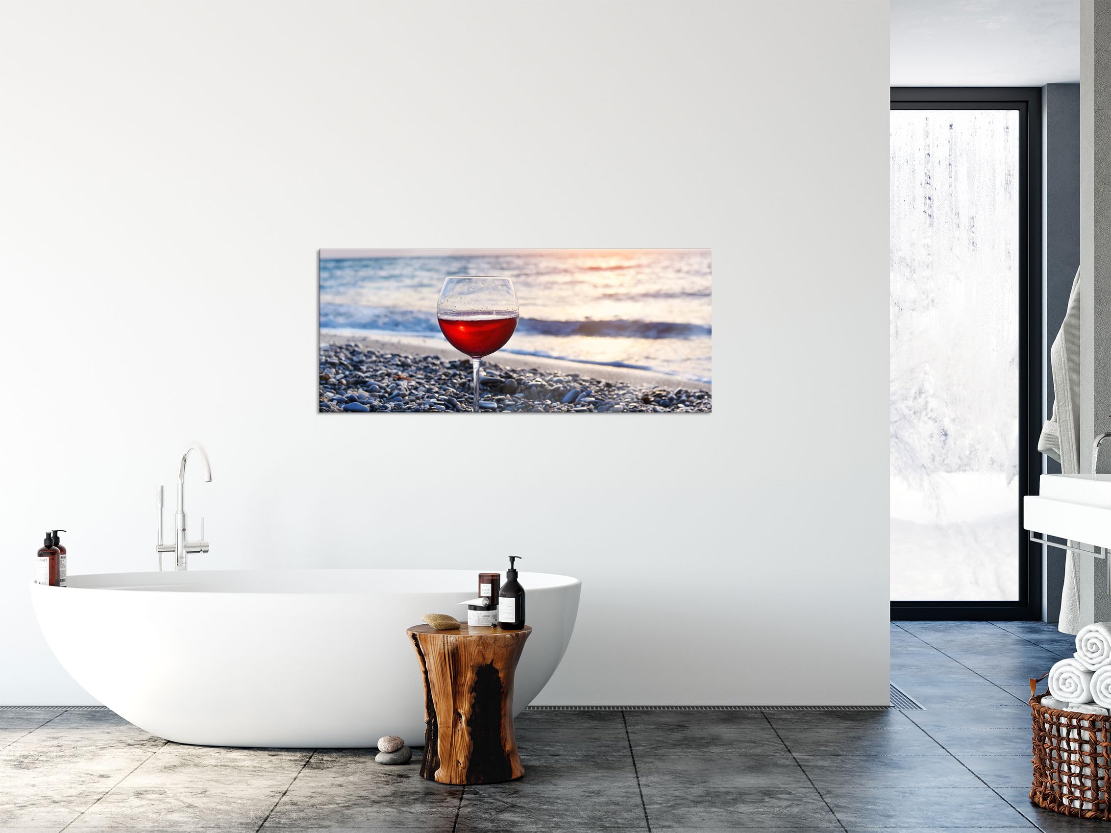 Pixxprint Glasbild Panorama, Wandbild aus Echtglas, Weinglas am Strand, 120x50 cm, inkl. Aufhängung und Abstandshalter