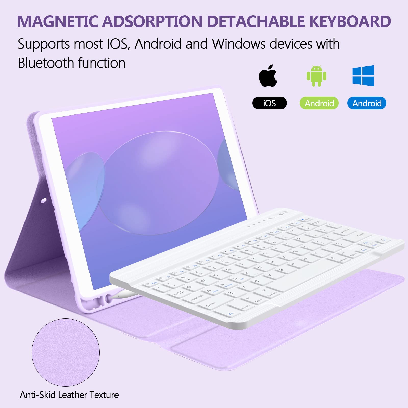 BQSS Funda para teclado para iPad de 10.2 pulgadas 9ª/8ª/7ª generación, teclado magnético inalámbrico desmontable iPad 9ª/8ª/7ª, iPad Air 3ª generación con soporte para lápiz integrado (morado)