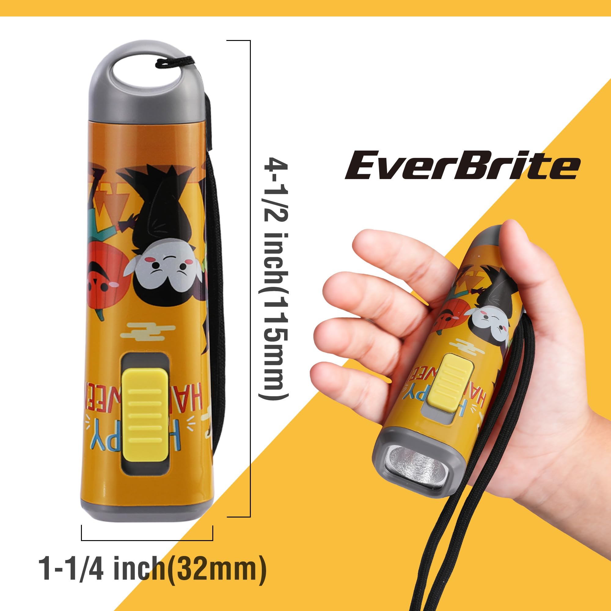 EverBrite Lot de 4 lampes de poche d'Halloween - Cadeau d'Halloween - Petite lampe torche LED avec cordon - 12 piles AAA incluses - Couleurs mélangées