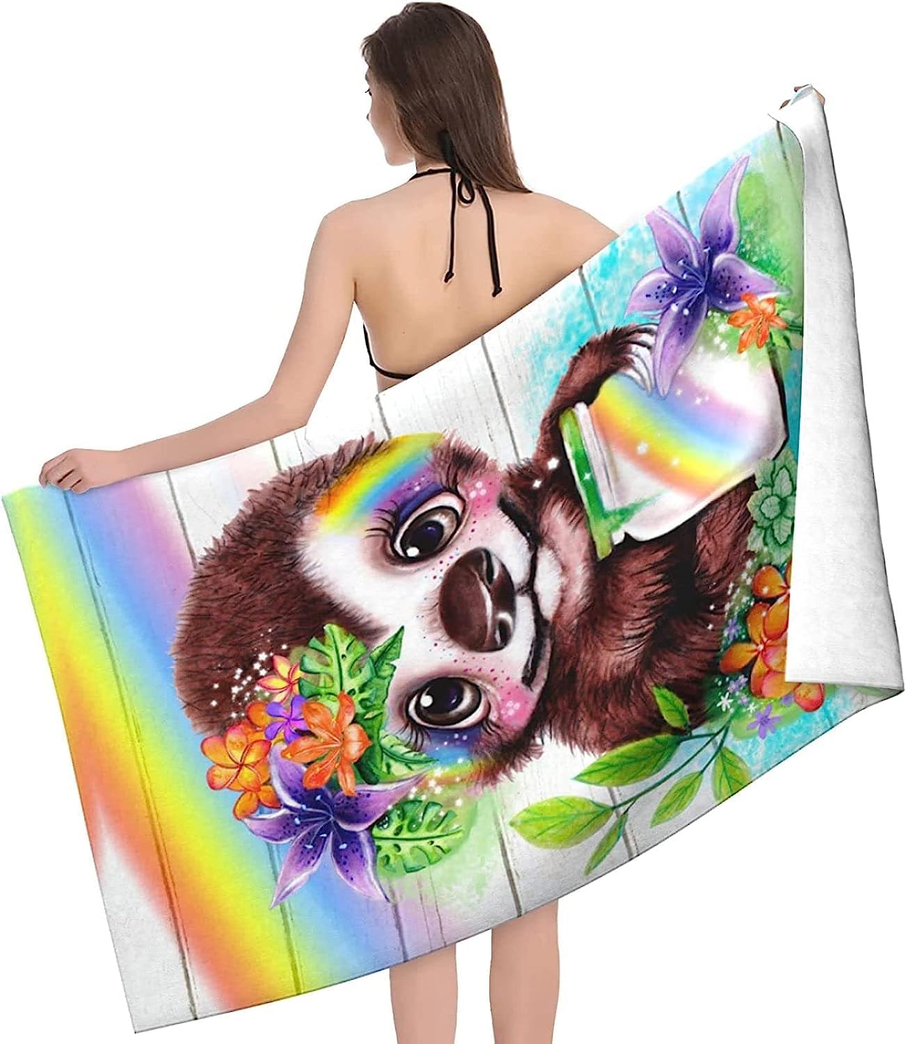 Serviette De Plage Paresseux Arc-en-Ciel Serviette De Bain Enfant Adulte Drap De Plage Doux Microfibre Absorbant Idéal pour Voyage Plage Piscine Sport Drap De Plage 150 X 200 Cm -7W3G-V3R