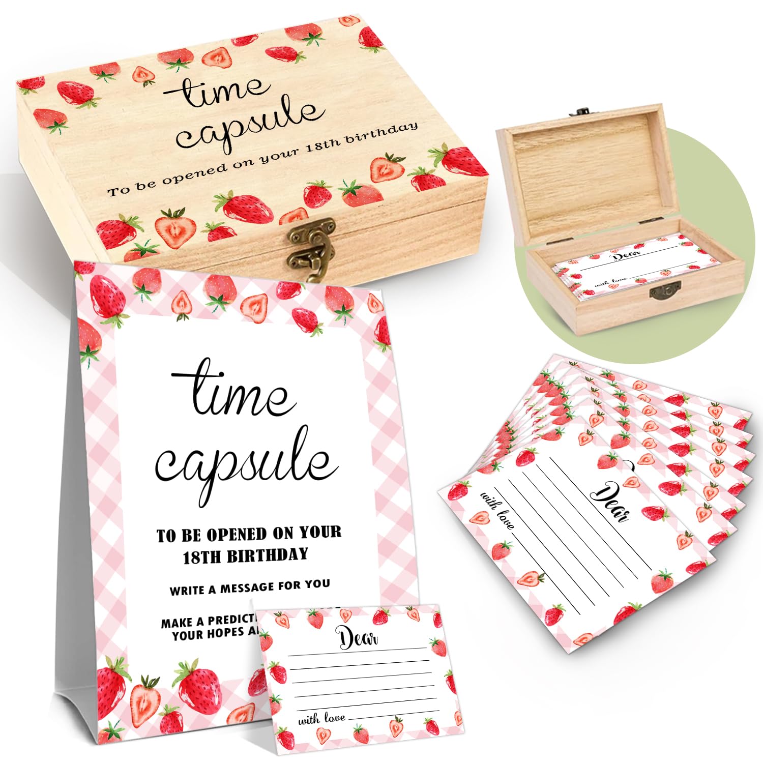 52 Pcs Time Capsule Set, 50 Strawberry Decorated Cards and 1 Time Capsule Sign Box, 1st Birthday Memory Preservation Box, Baby Shower Memory Preservation Time Capsule Box for First Birthday