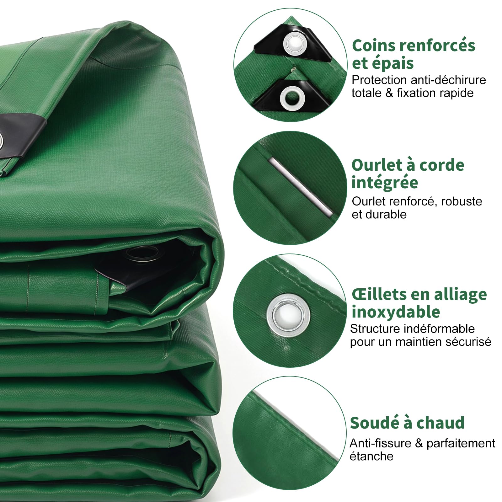 ele ELEOPTION 420g/m² Bâche PVC Lourde Vert, Toile Imperméable Résistante à la Déchirure, Résiste au Gel & Intempéries avec Œillets Renforcés, pour Jardin, Toit, Remorque, Bateau & Cure Béton(2 * 3m)