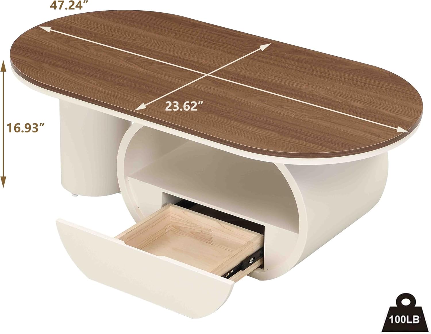 Luxury Oval Coffee Table, 47'' Modern Living Room Table with Storage Drawer, Wooden Wulnut MDF Top Sturdy Metal Base Beige White, Large Center Tables for Home Apartment