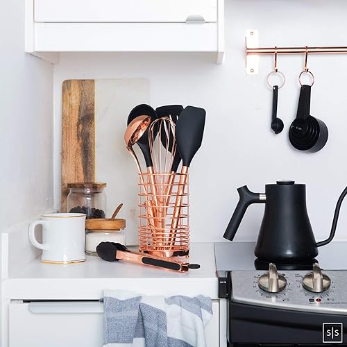 Miniatura 3 de Styled Settings Colección de cocina de cobre y negro de 39 piezas, juego de 14 cuchillos autoafilables, juego de utensilios de 17 piezas con soporte