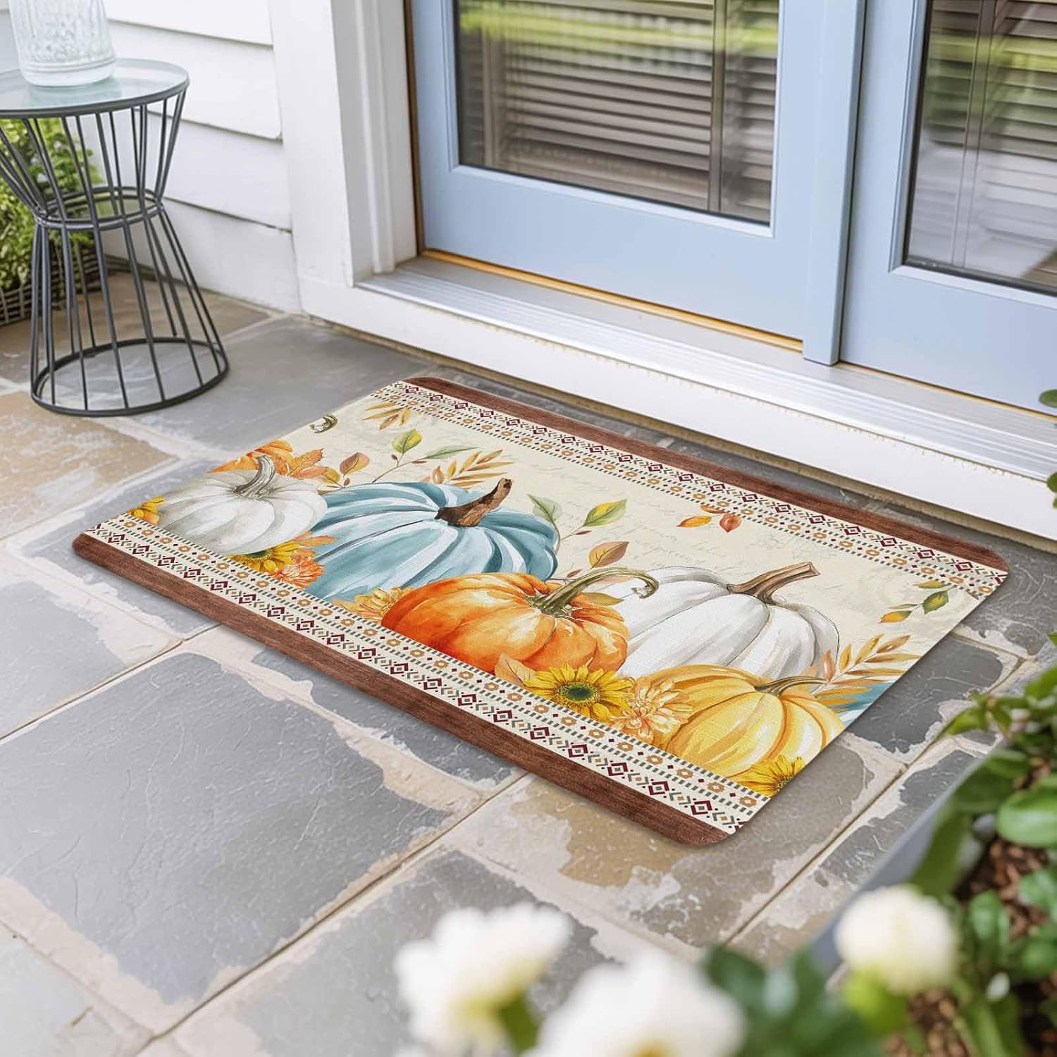 Fall Pumpkin Sunflower Maple Leaves Harvest Thanksgiving Welcome Non Slip Rubber Entryway Front Rug Floor Mat for Indoor Outdoor Kitchen Holiday Home Decor 18x30 Inch