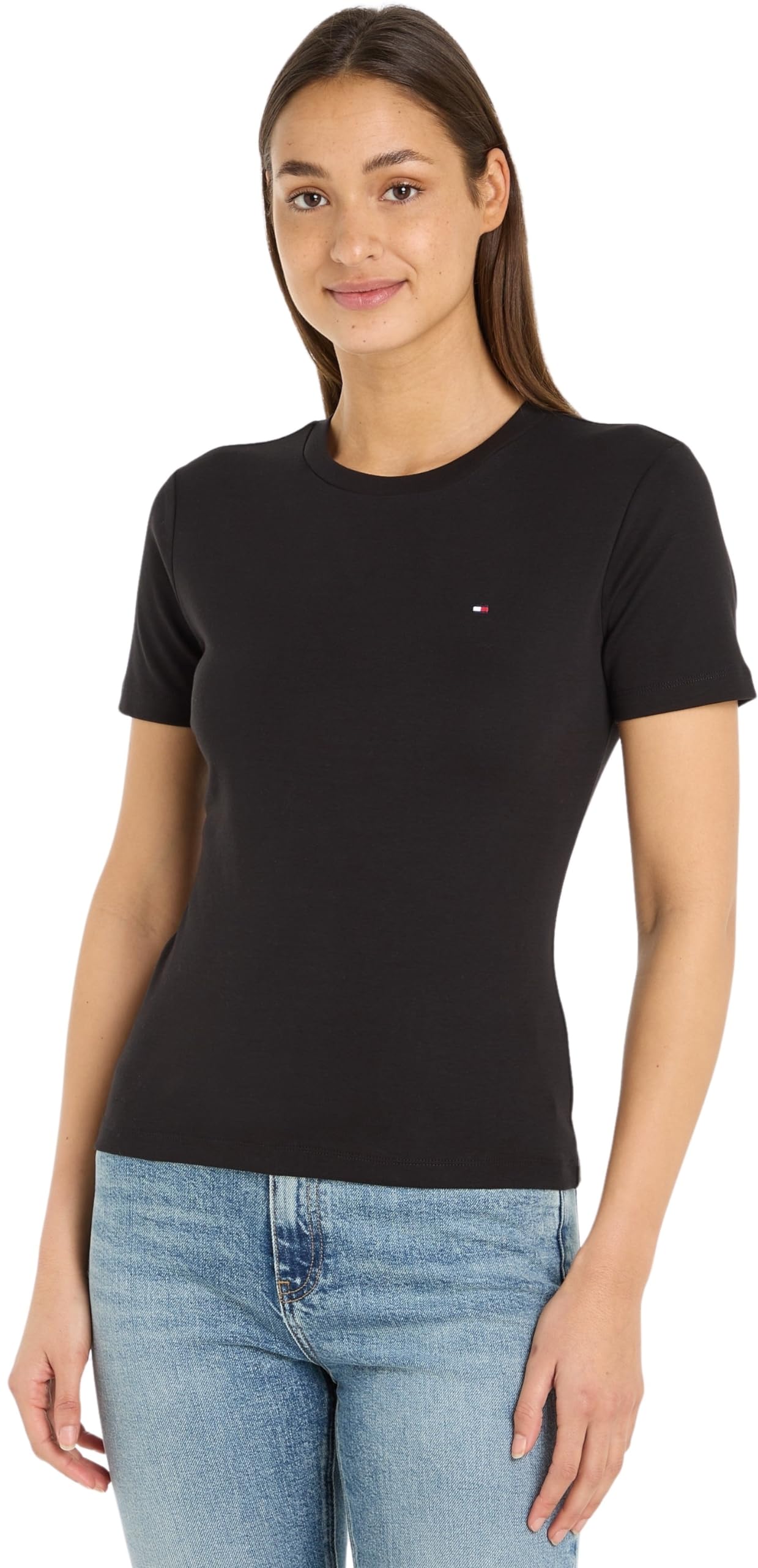Tommy Hilfiger Women's Black Flag Embroidery Slim T-Shirt In