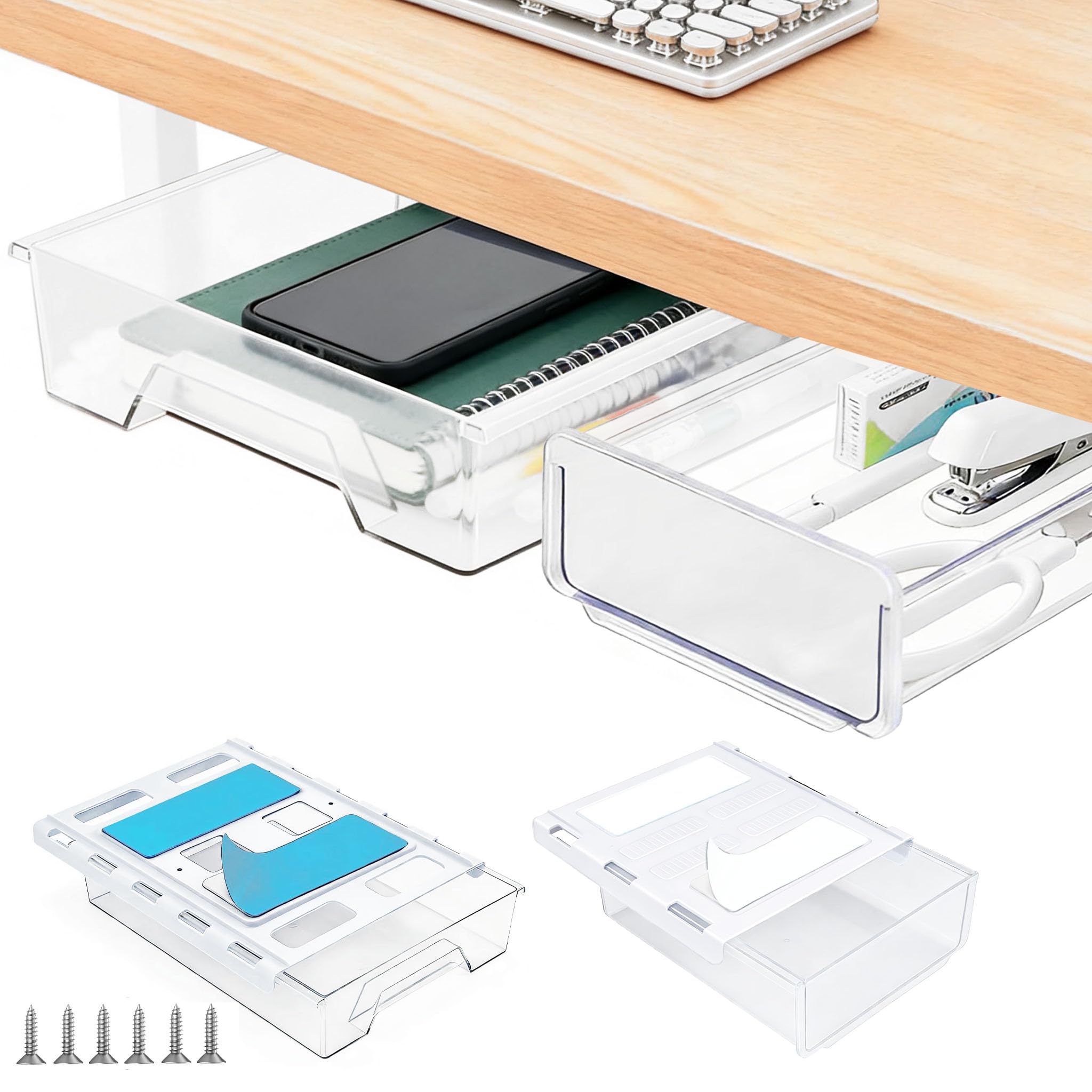 Photo 1 of 2 Pair Super Capacity 11.85 "x 8.9" Under Desk Drawer Hidden Strorage Drawer Self-Adhesive Slide Out with Smooth Gliding Motion - Attachable & Space-Saving Under Desk Organizer with Screw Kit, Clear