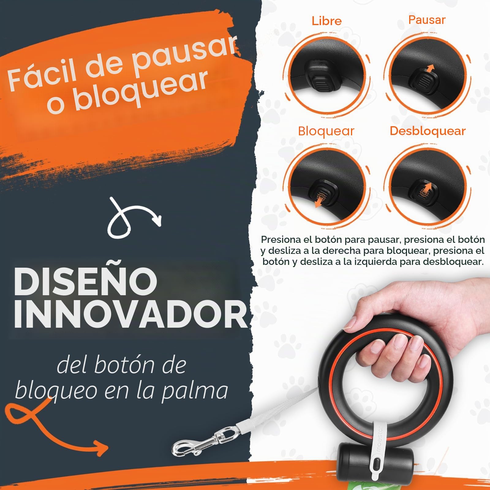 UFO - Correa retráctil para Perro, 360°, sin enredos, Bloqueo de Pausa de Freno con una Sola Mano, Correa Extensible para Perro con Soporte para Bolsa de excrementos, Cinta de Nailon