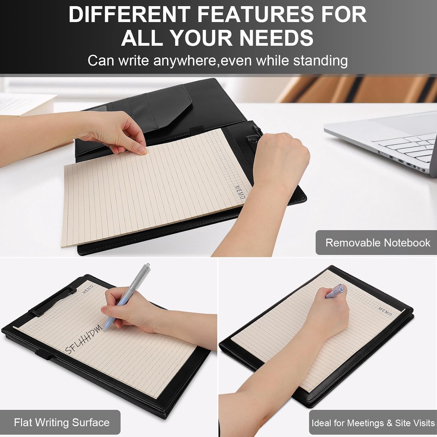 Professionelles Portfolio-Padfolio, PU-Leder, A4-Größe mit Klemmbrett, Notizblock, Visitenkartenhalter, Stiftschlaufe, mehrere Taschen für Büroorganisation (schwarz)
