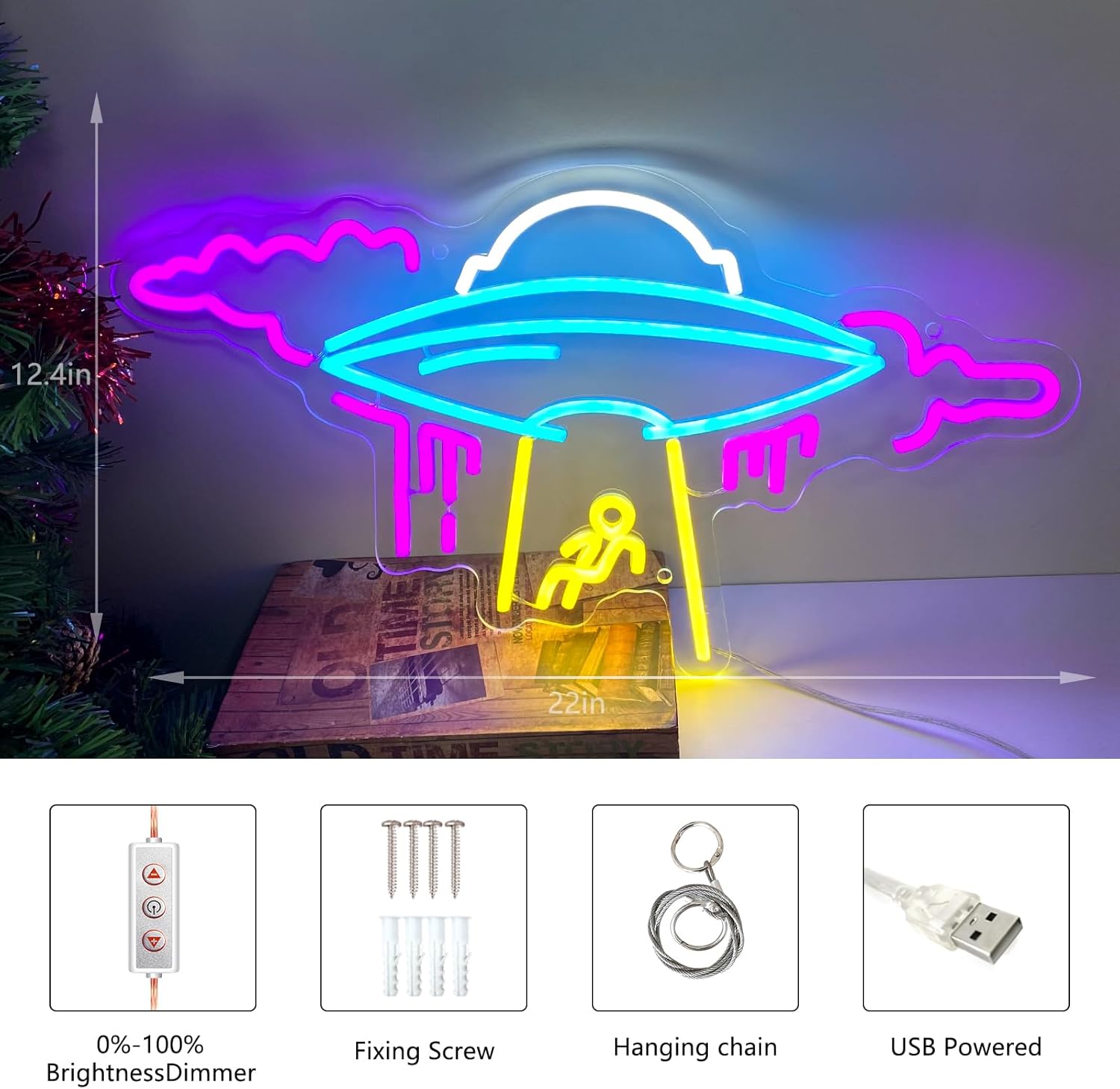 22-Inch Large UFO Neon Sign For Wall Decor, Dimmable Spaceship Neon Light, USB Powered Spaceship decor For sci-fi Fans Space-Themed Bar Restaurant Event Party Game Room Decoration, for Man's Gift