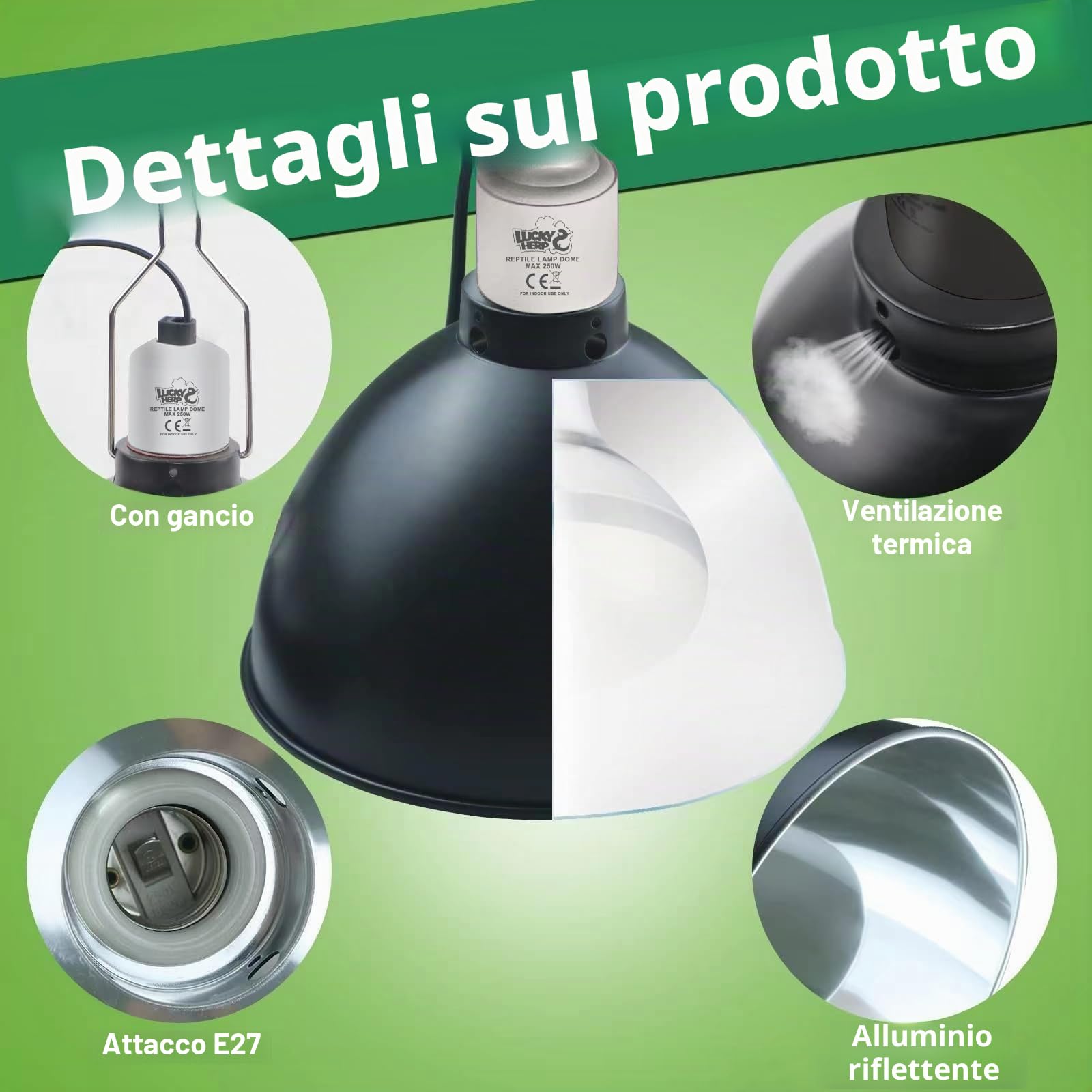 LUCKY HERP Portalampada Riscaldante per Tartaruga, Lampada Frontale per Rettili UVA UVB, Paralume Potenza Massima 250W Adatta per Rettili e Mammiferi