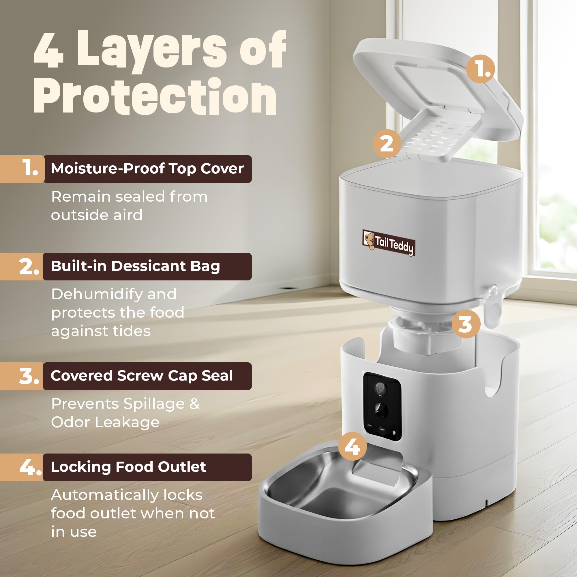 TailTeddy Automatic Cat Feeder with Dual Camera & AI Detection (6L), Smart Pet Feeder with WiFi App & Two-Way Audio, Timed Cat Feeder up to 6 Meals/Day, Stainless Steel Bowl & Battery Backup - image 7