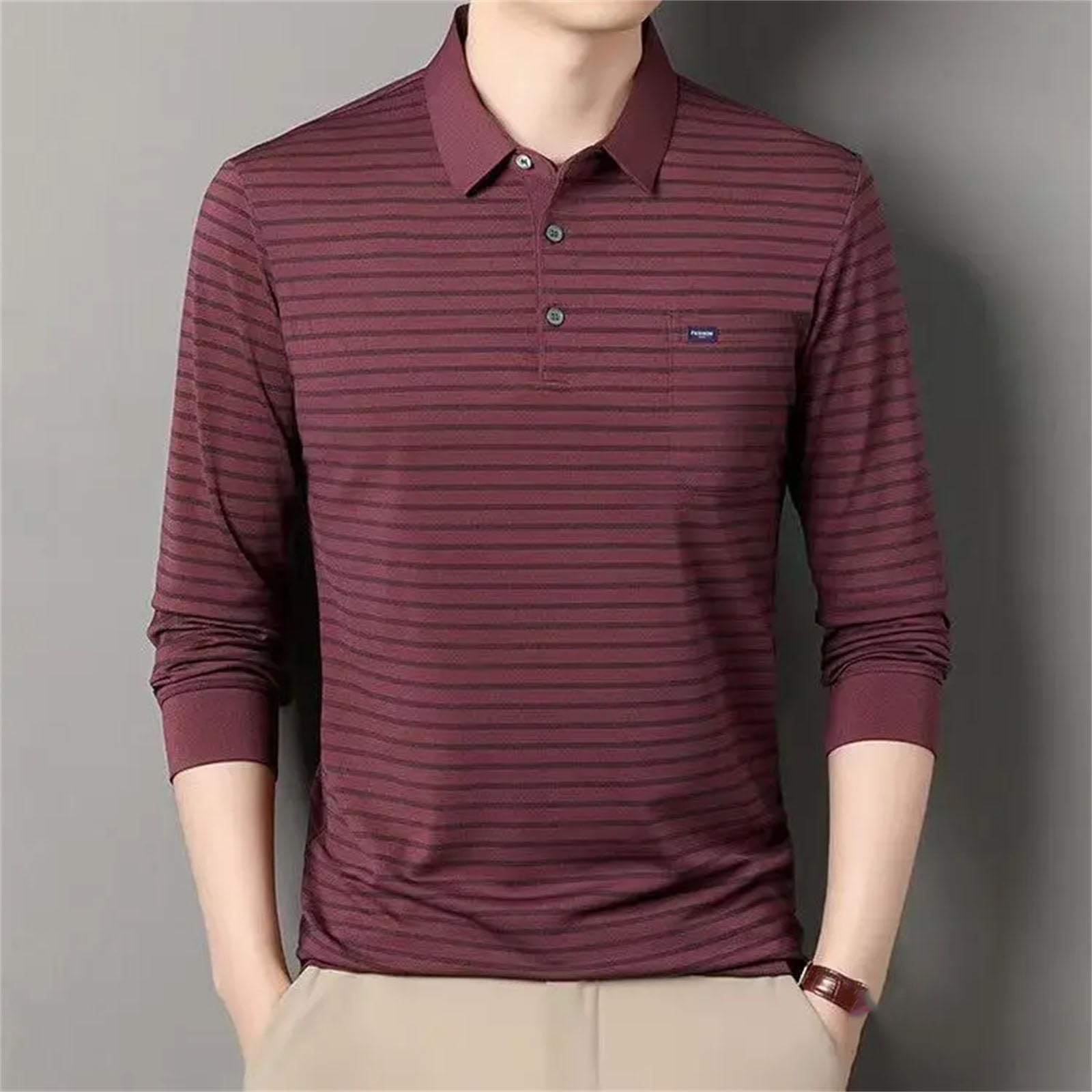 Camiseta de manga larga para hombre de mediana edad, con solapa, base fina, para ancianos de mediana edad