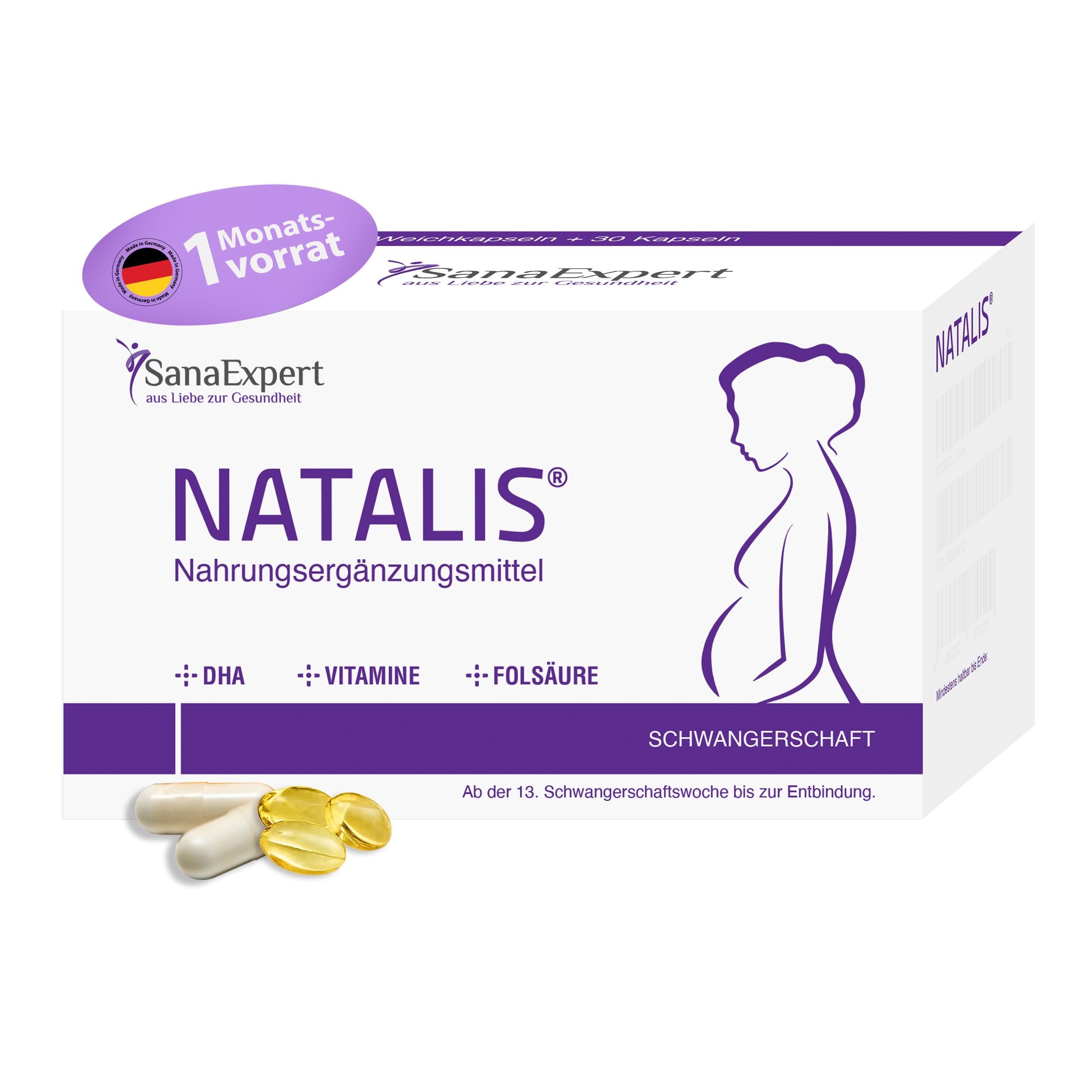 SanaExpert® Natalis – Schwangerschaftsvitamine mit Eisen, Vitamin B12, Folsäure und weiteren wichtigen Nährstoffen, 90 Kapseln – Made in Germany