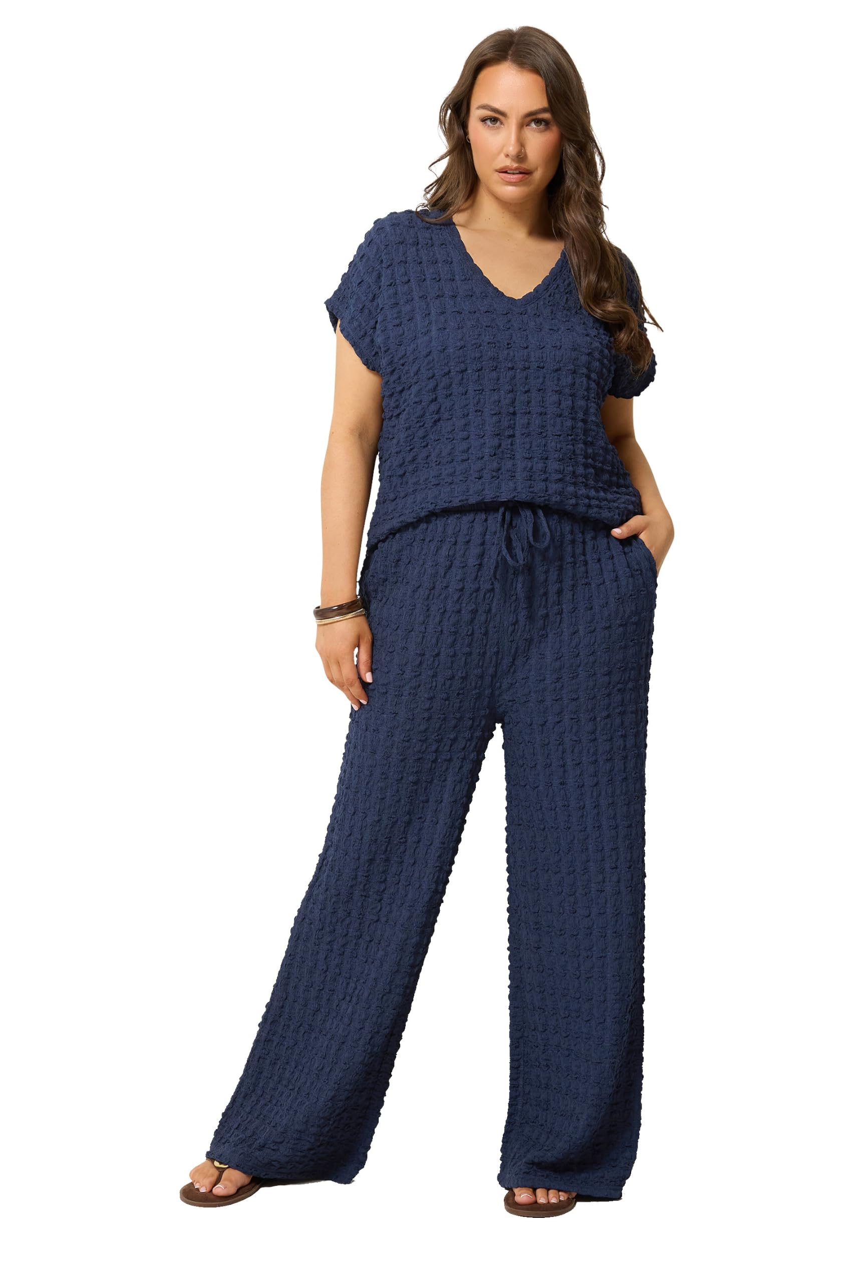 Yours Women's Mid Navy Bubble Textured Wide Leg Trousers In | Size: 26-28S