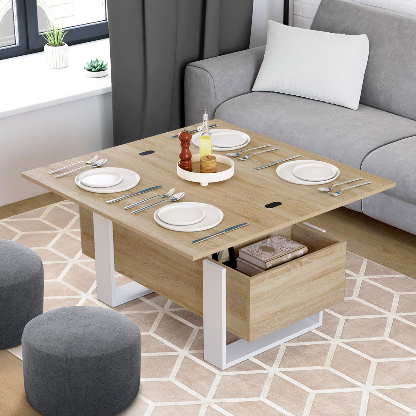 IDMarket – Mesa baja con bandeja elevable rectangular convertible en mesa de comedor Phoenix 97,5 cm madera y blanco