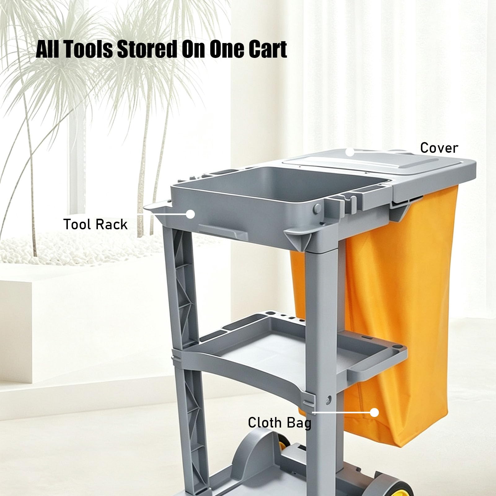 Carrello per Pulizie Commerciale su Ruote con secchi per mocio | Gruppo strizzatore, scaffali organizer a più livelli e sacco per rifiuti di grande capacità