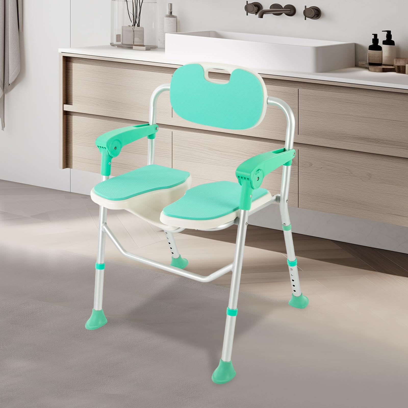 Silla de ducha plegable, silla de ducha para personas mayores, silla de ducha regulable en altura, asiento de ducha con reposabrazos y respaldo, con almohadillas antideslizantes para los pies, asiento