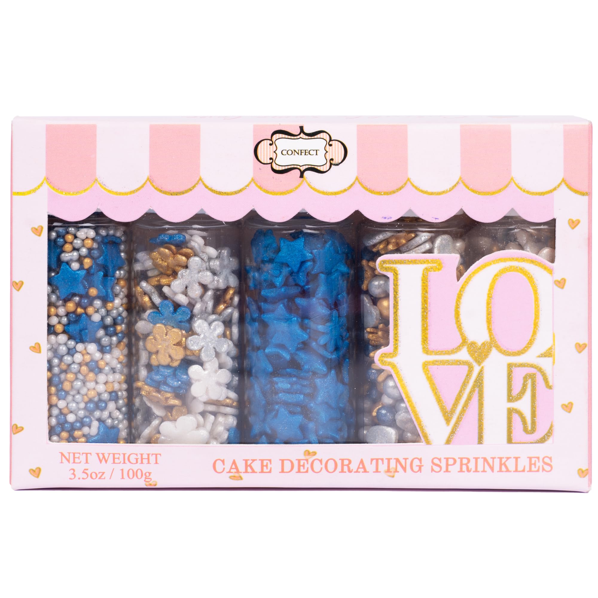 Confect Christmas Sprinkles | Blue, White, Gold & Silver Mix | Edible Pearl, Star & Heart Shaped Sprinkles | Holiday Cake & Cupcake Decorations- 5 Oz