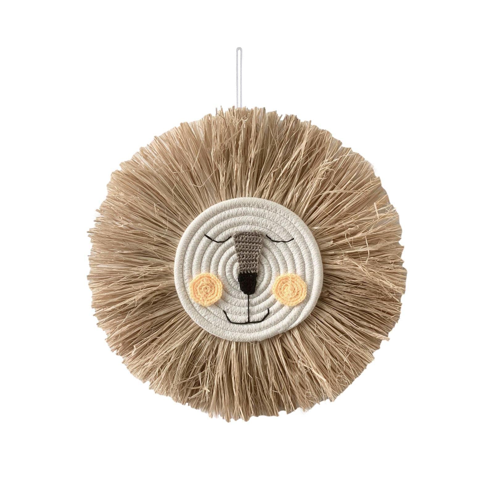 zalati Woven Tapestry, Wall Art Animal Head Hand Knitted Hangings Pendant with Cartoon Tiger Tassel Beard Macrame Wall Hangings for Home Office School Decor - Lion