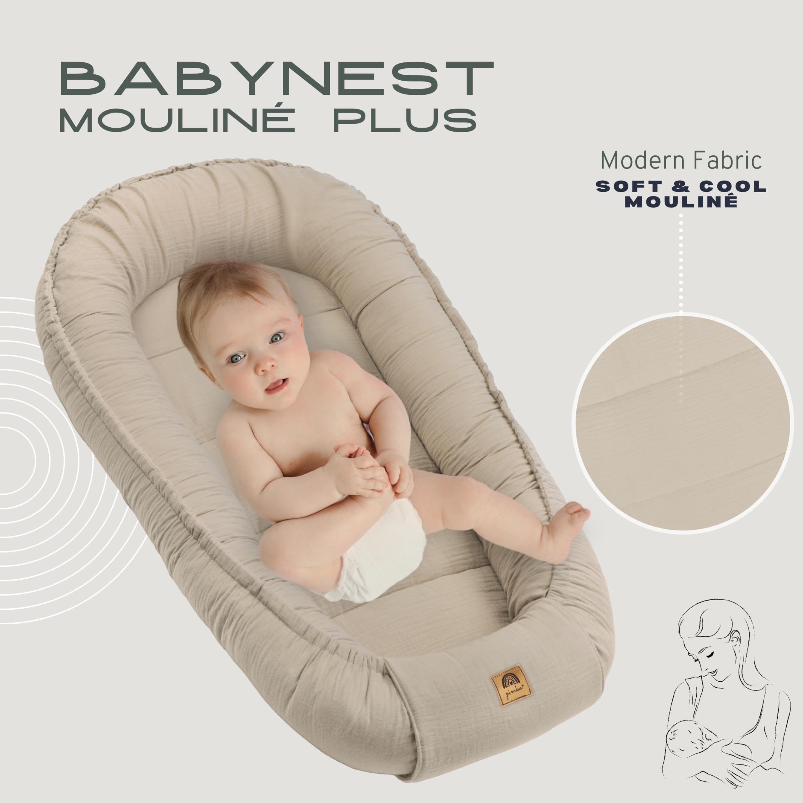 PIMKO Babynest Babynestchen für Baby Kuschelnest Babykokon für Säuglinge und Neugeborene Nestchen 60 x 90 cm 100% Baumwolle Musselin - Beige Latte